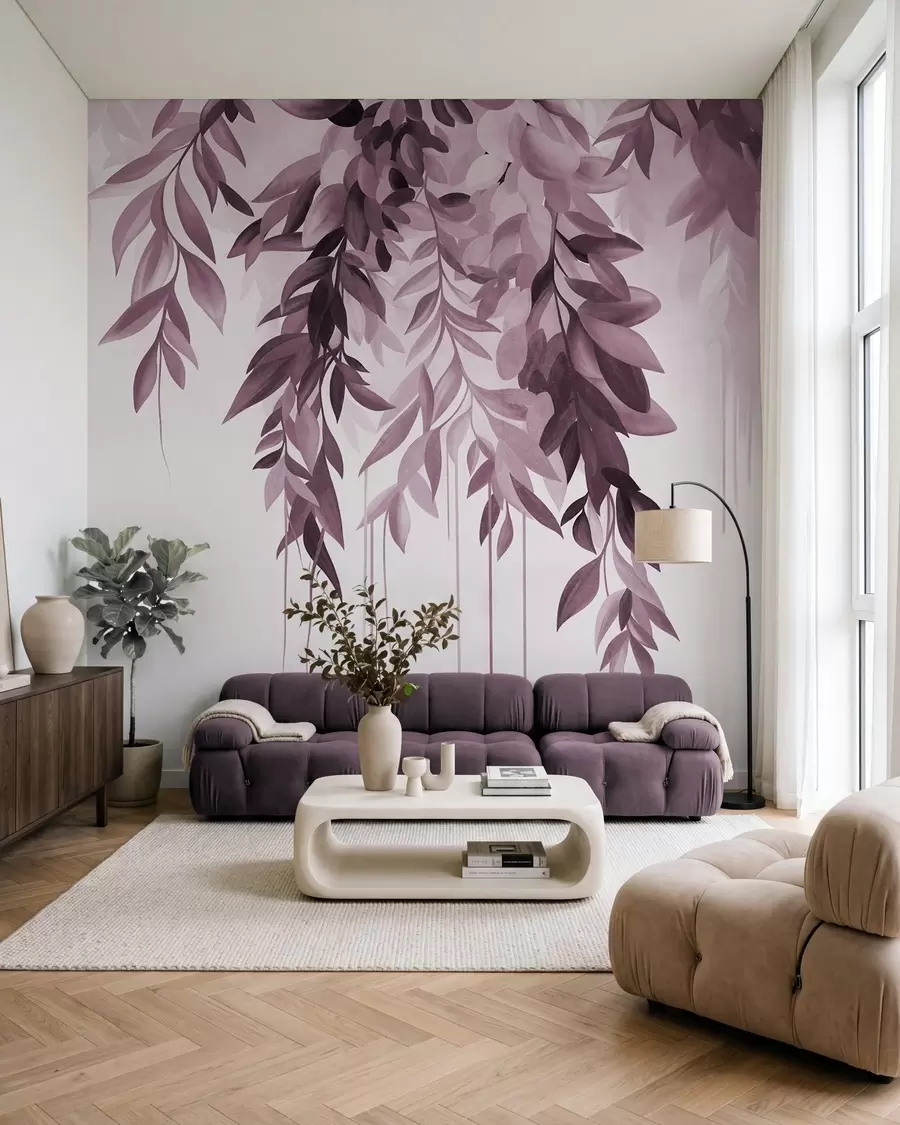 murais de parede Folhas abstratas pendentes em tons de roxo e rosa, com caules longos e finos w10057v1