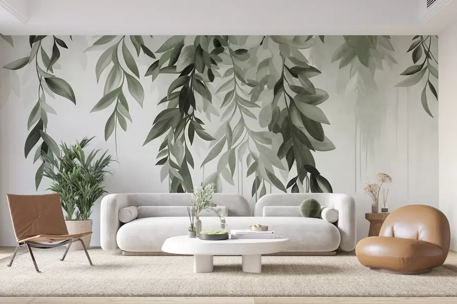 murais de parede Folhas abstratas pendentes em tons de verde, com caules longos e finos w10057v2