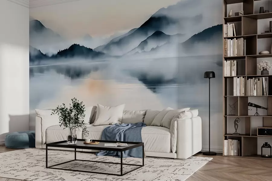 murais de parede Um lago com montanhas enevoadas como pano de fundo, num estilo de aguarela w10078