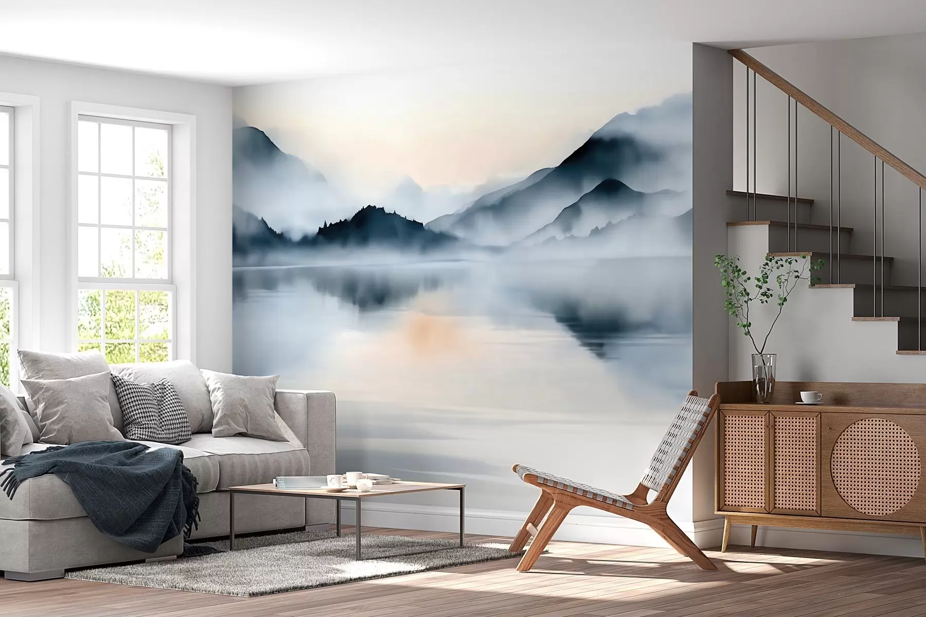 murais de parede Um lago com montanhas enevoadas como pano de fundo, num estilo de aguarela w10078