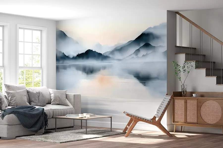 murais de parede Um lago com montanhas enevoadas como pano de fundo, num estilo de aguarela w10078