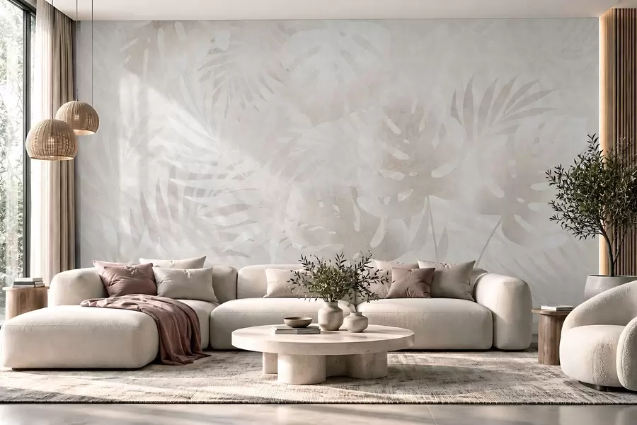murais de parede Folhas tropicais com um efeito grunge em tons de bege esbatido w10080