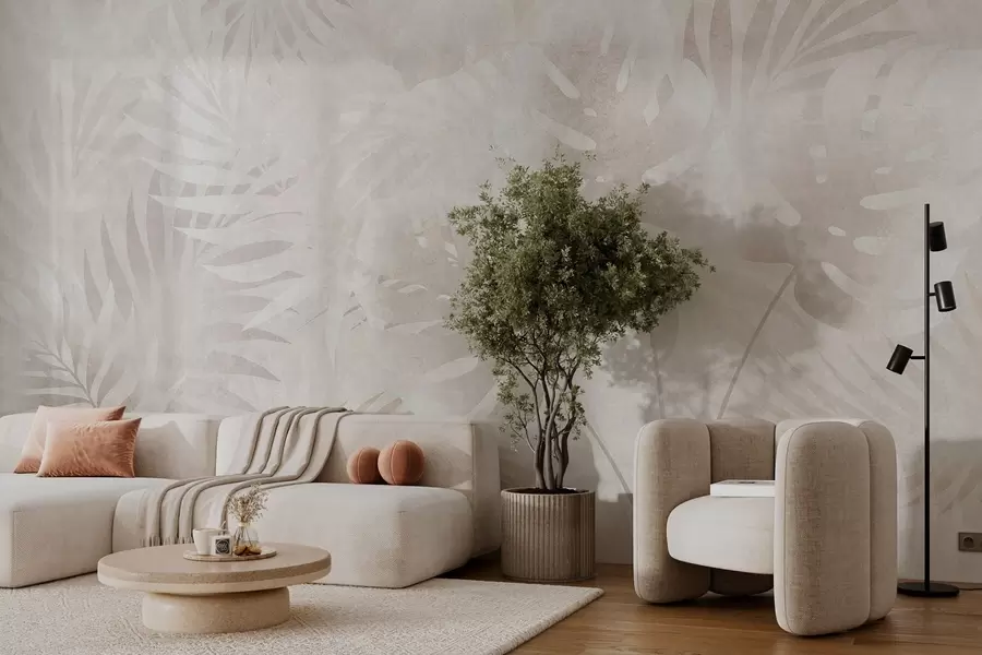 murais de parede Folhas tropicais com um efeito grunge em tons de bege esbatido w10080
