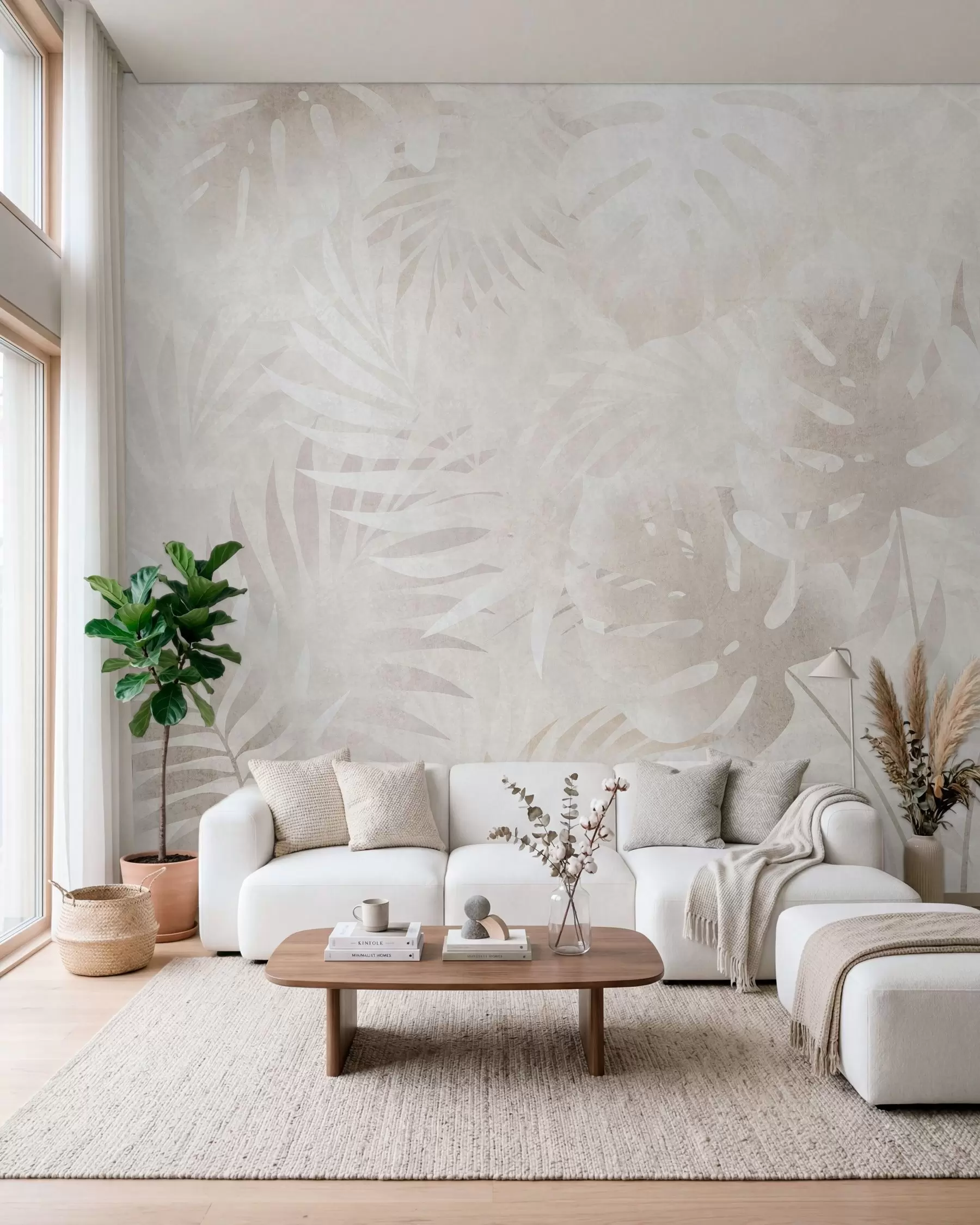murais de parede Folhas tropicais com um efeito grunge em tons de bege esbatido w10080