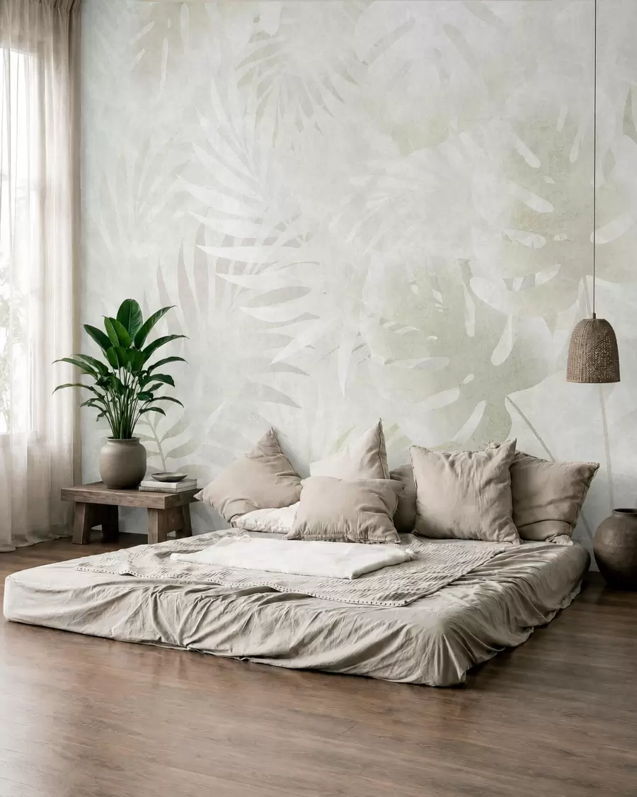 murais de parede Folhas tropicais com um efeito grunge em tons neutros de bege w10080v1