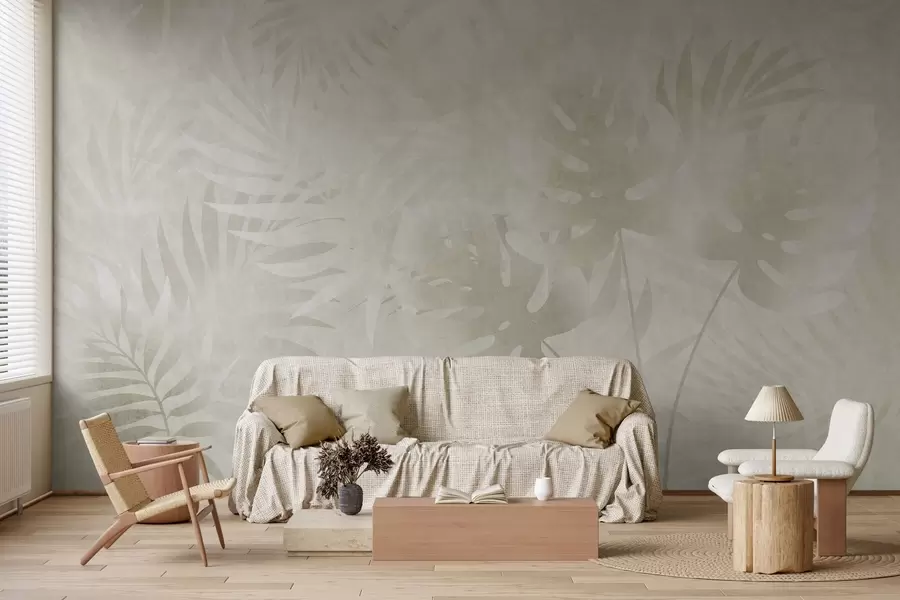 murais de parede Folhas tropicais com um efeito grunge em tons neutros de bege w10080v1