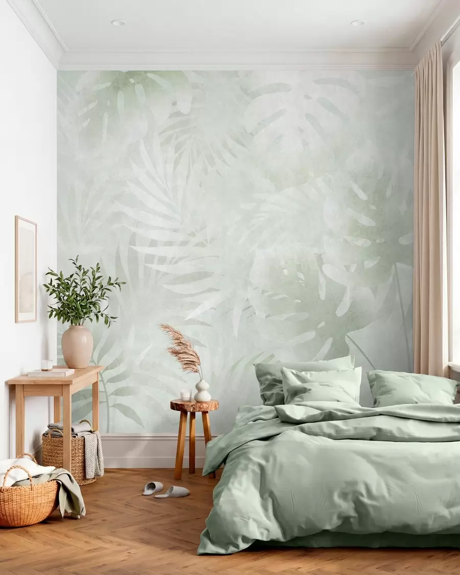 murais de parede Folhas tropicais com um efeito grunge em tons de verde w10080v2