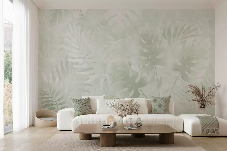 murais de parede Folhas tropicais com um efeito grunge em tons de verde w10080v2