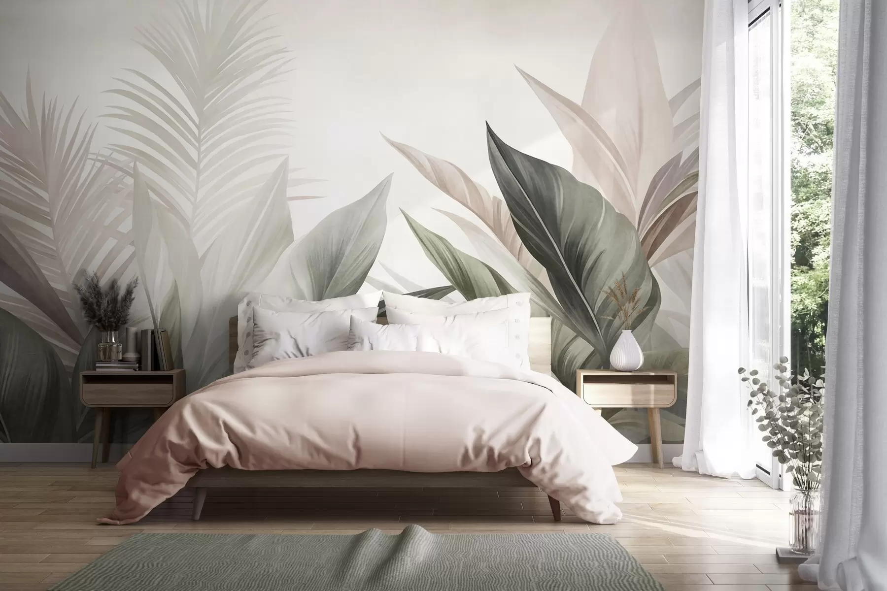 murais de parede Folhas tropicais em tons de verde e rosa, texturadas e grandes, arte moderna w10055