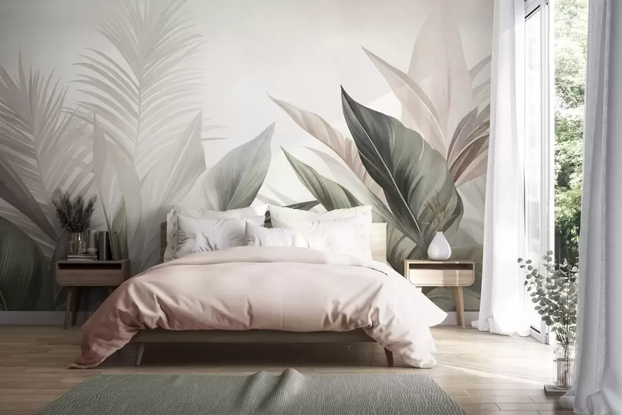 murais de parede Folhas tropicais em tons de verde e rosa, texturadas e grandes, arte moderna w10055