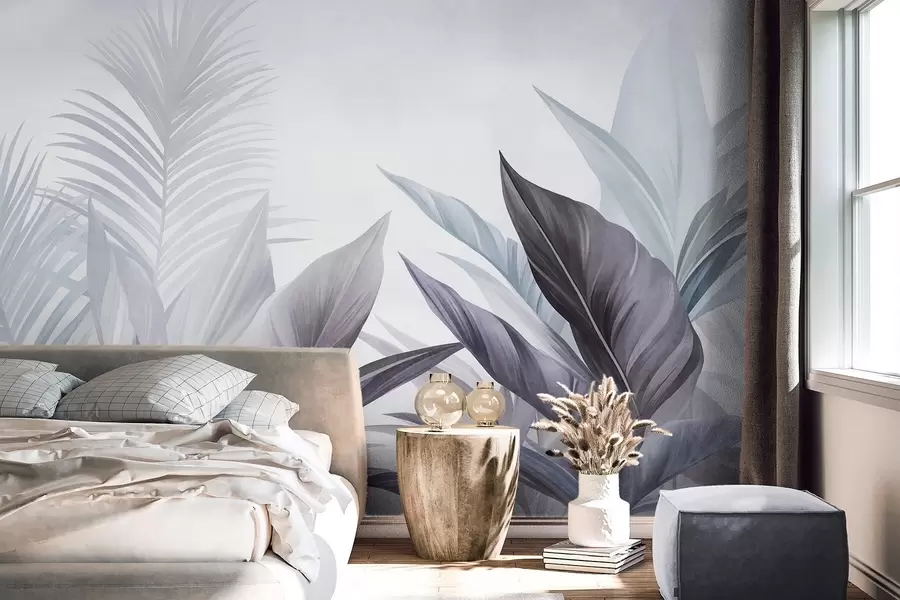 murais de parede Folhas tropicais em tons de azul e cinzento, texturadas e grandes, arte moderna w10055v1