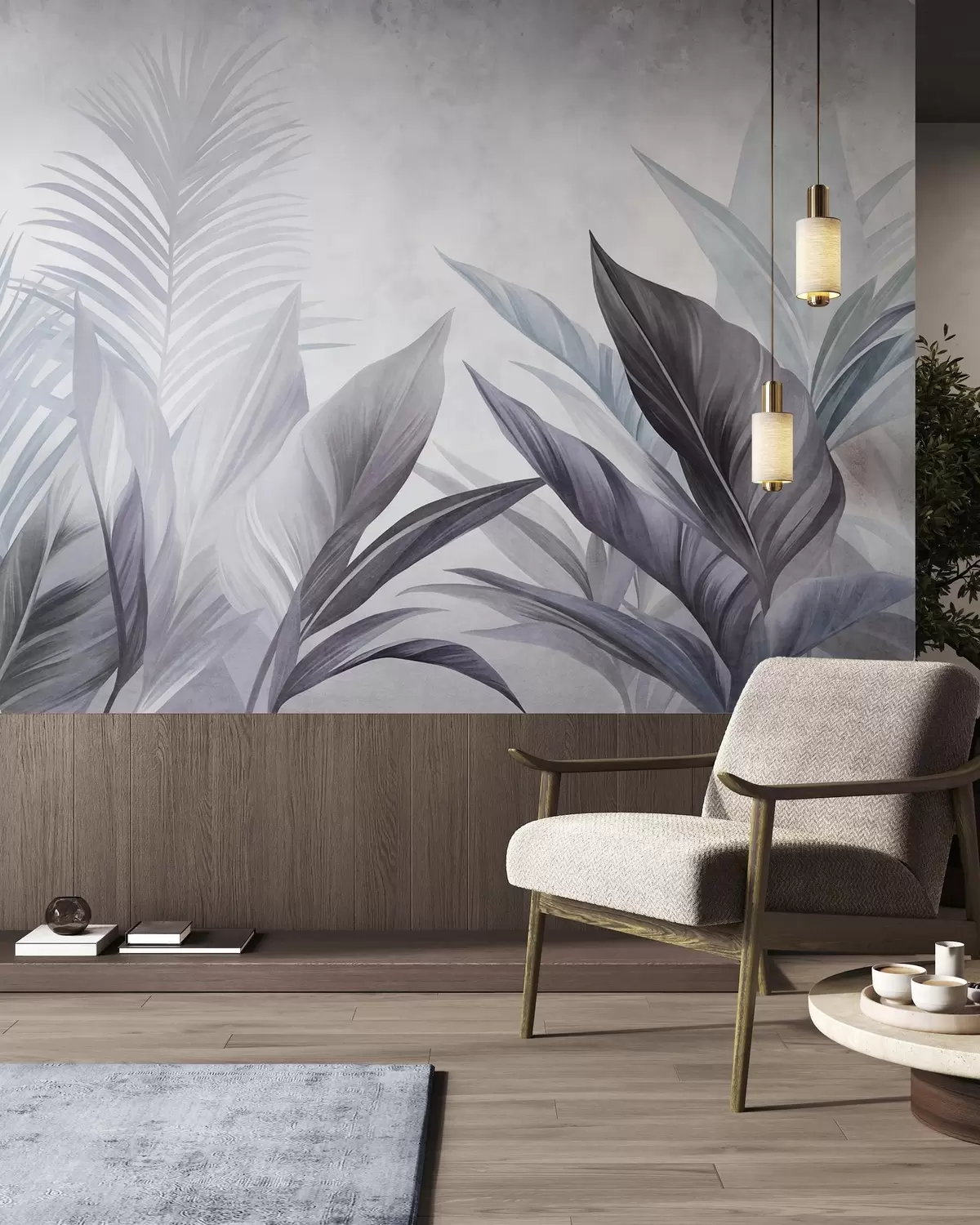 murais de parede Folhas tropicais em tons de azul e cinzento, texturadas e grandes, arte moderna w10055v1