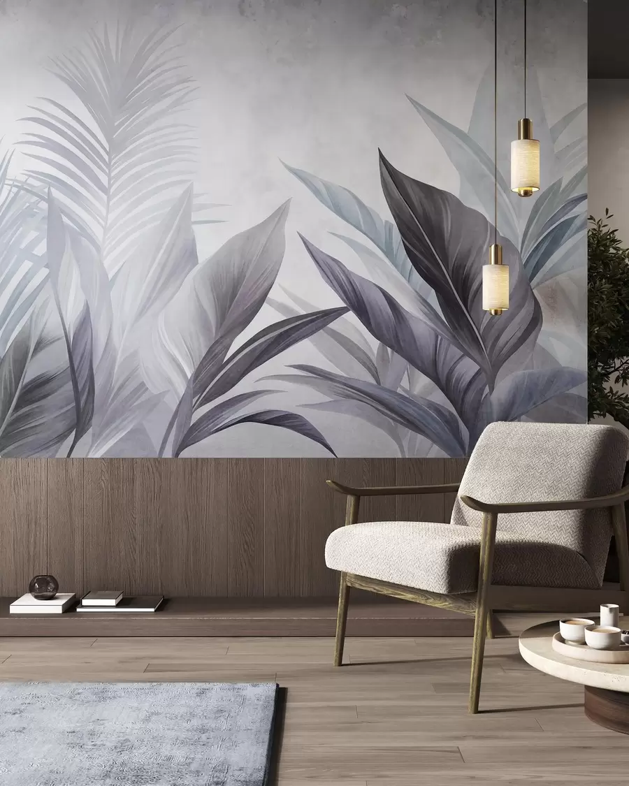 murais de parede Folhas tropicais em tons de azul e cinzento, texturadas e grandes, arte moderna w10055v1