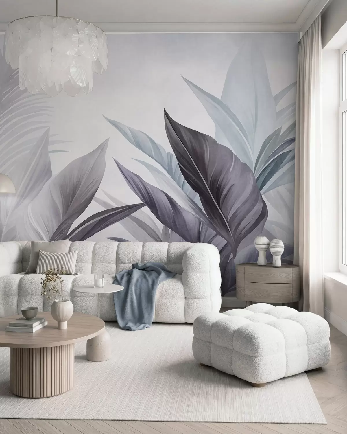 murais de parede Folhas tropicais em tons de azul e cinzento, texturadas e grandes, arte moderna w10055v1