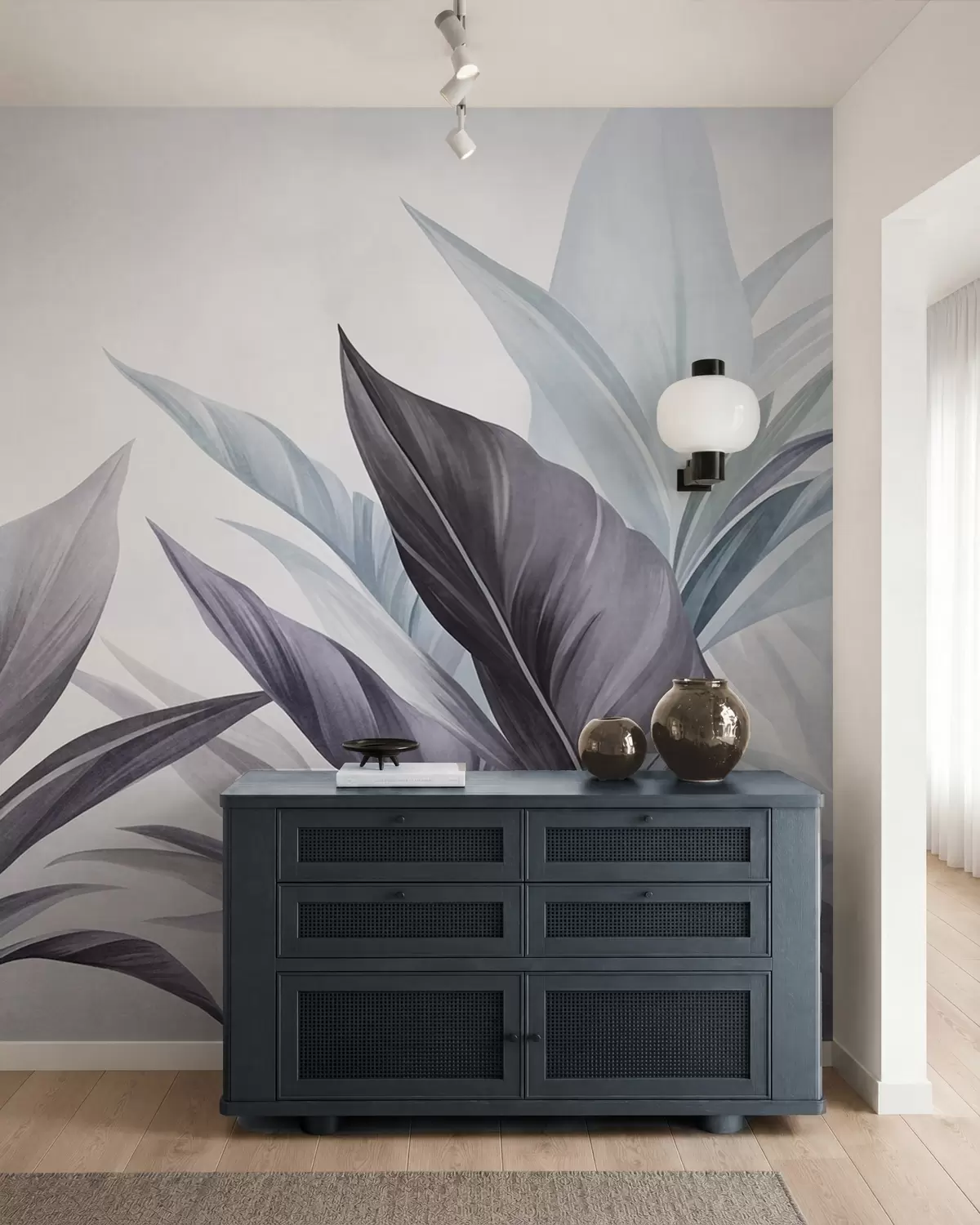 murais de parede Folhas tropicais em tons de azul e cinzento, texturadas e grandes, arte moderna w10055v1