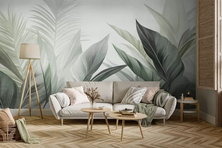 murais de parede Folhas tropicais em tons de verde, texturadas e grandes, arte moderna w10055v2