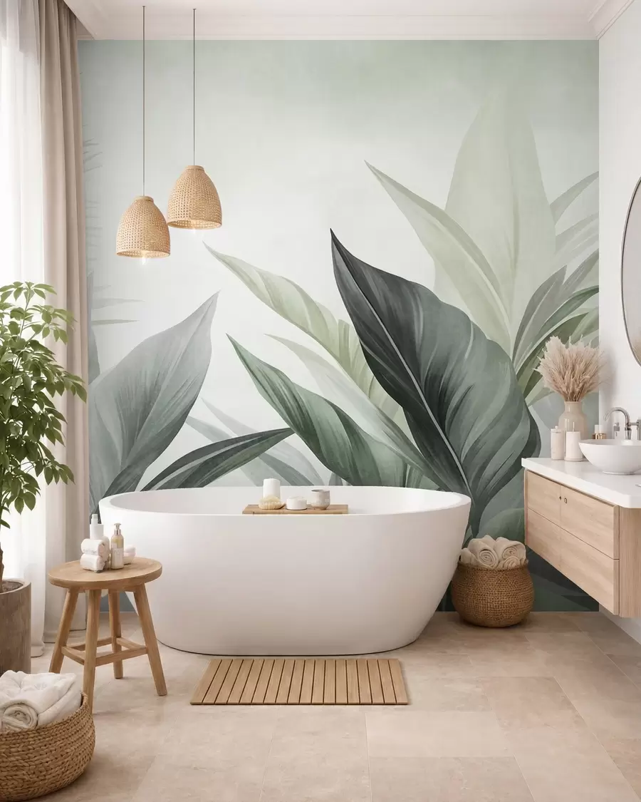 murais de parede Folhas tropicais em tons de verde, texturadas e grandes, arte moderna w10055v2