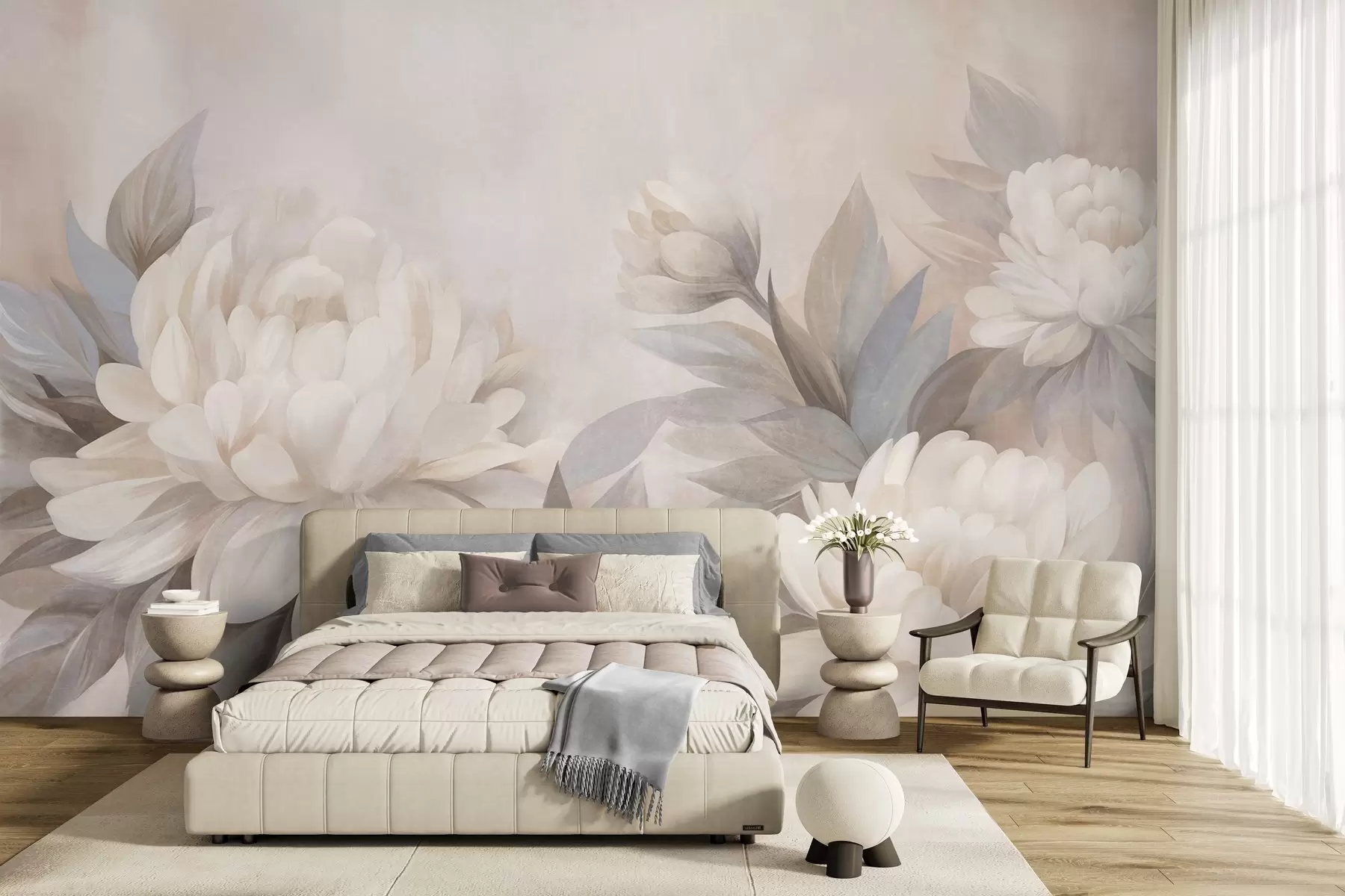 murais de parede Peónias com textura e folhas em tons suaves, sobre um fundo em tons pastel suaves w10061