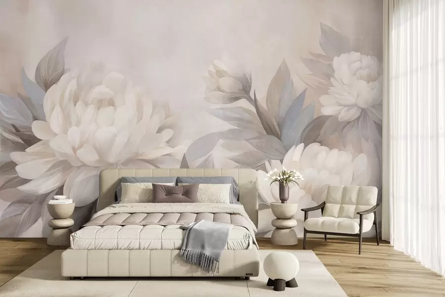 murais de parede Peónias com textura e folhas em tons suaves, sobre um fundo em tons pastel suaves w10061