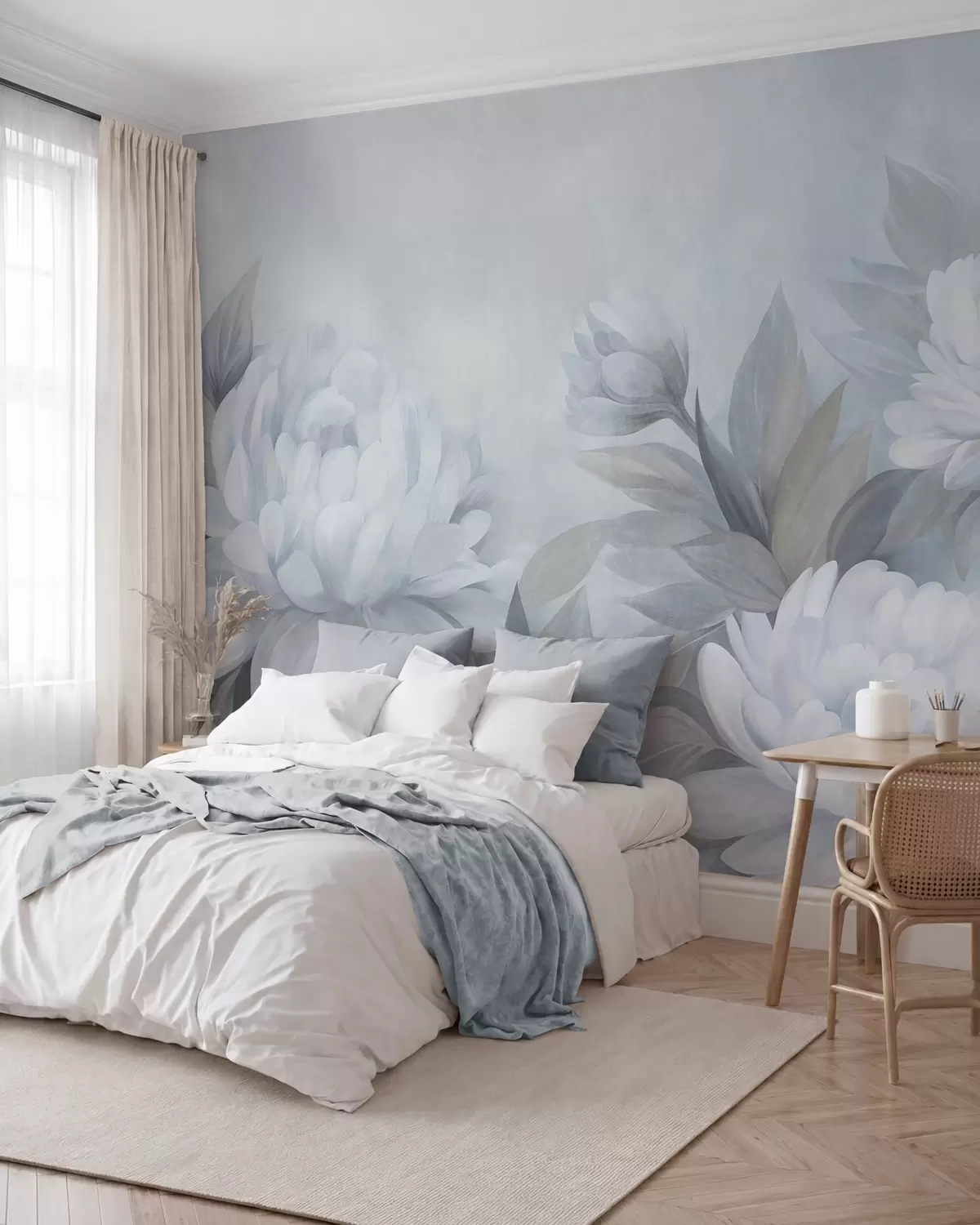 murais de parede Peónias com textura e folhas em tons suaves, sobre um fundo em tons pastel suaves w10061v1