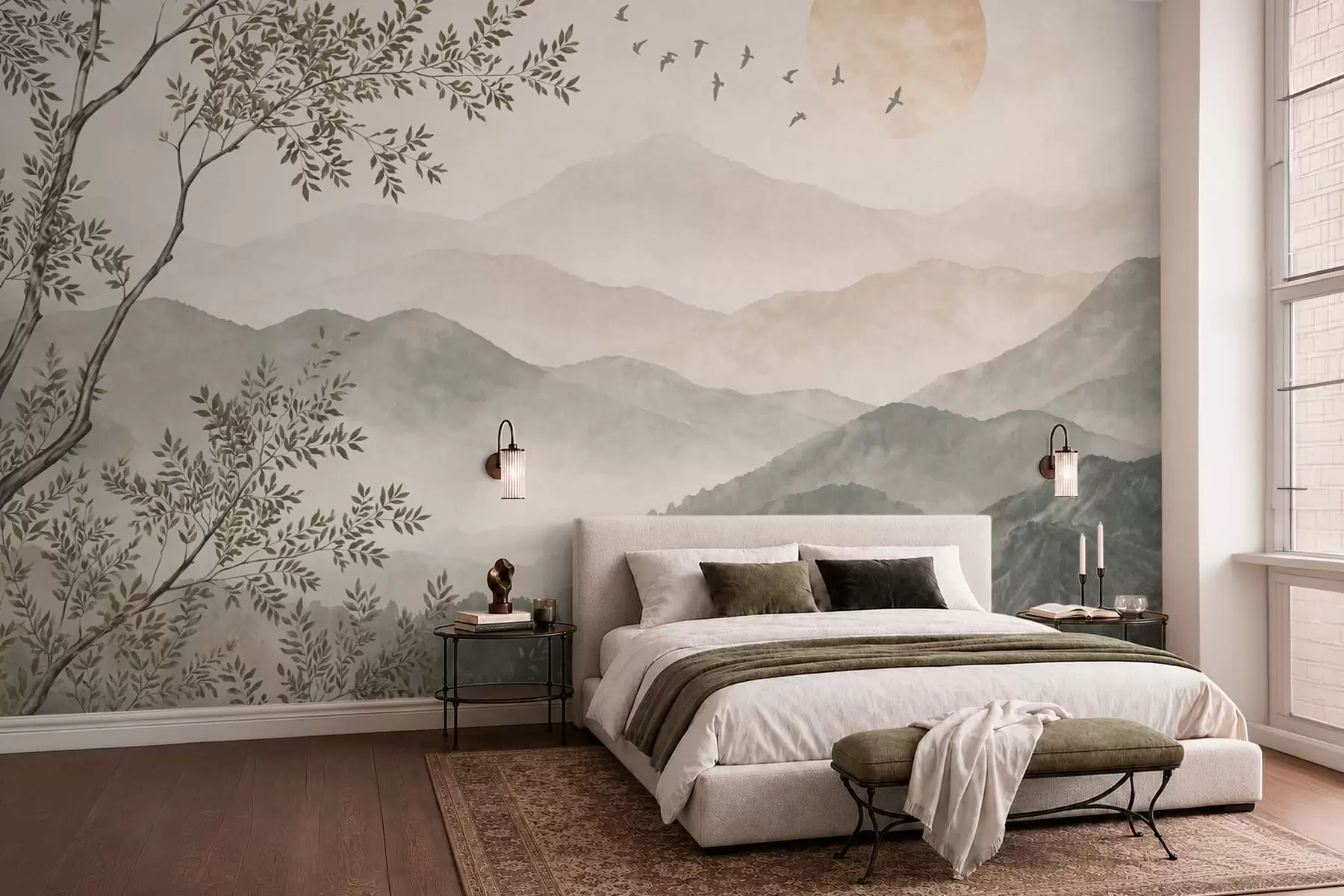 murais de parede Paisagem montanhosa com uma árvore, pássaros e sol w05924