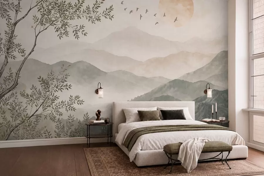 murais de parede Paisagem montanhosa com uma árvore, pássaros e sol w05924