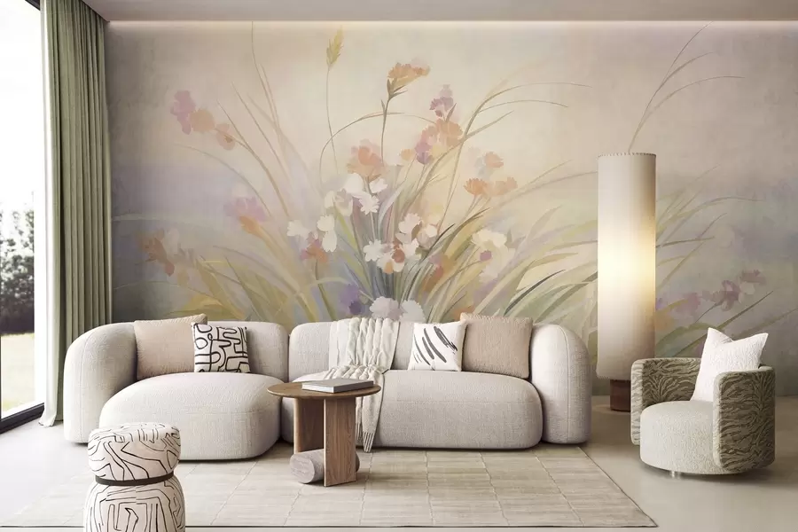 murais de parede Erva alta e flores silvestres em tons suaves de pastel, arte com textura w10062