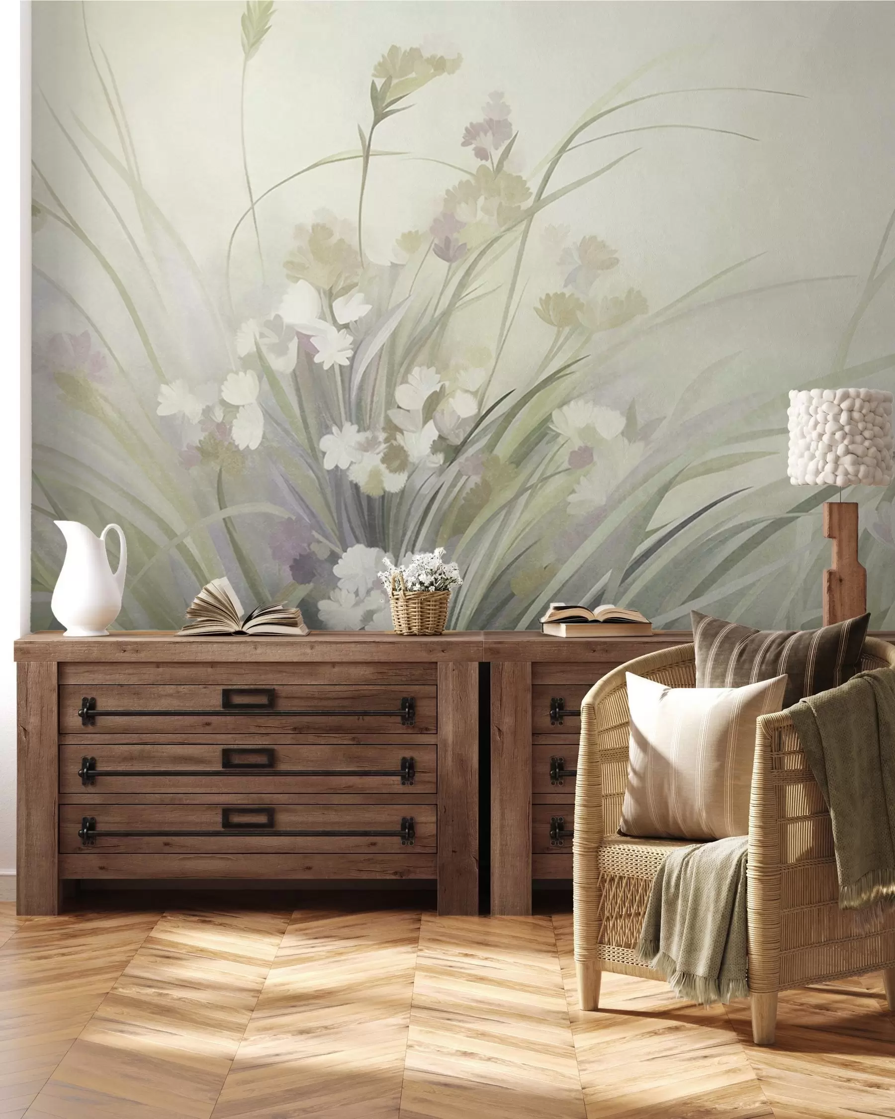 murais de parede Erva alta e flores silvestres em tons suaves de verde, obra de arte com textura w10062v1
