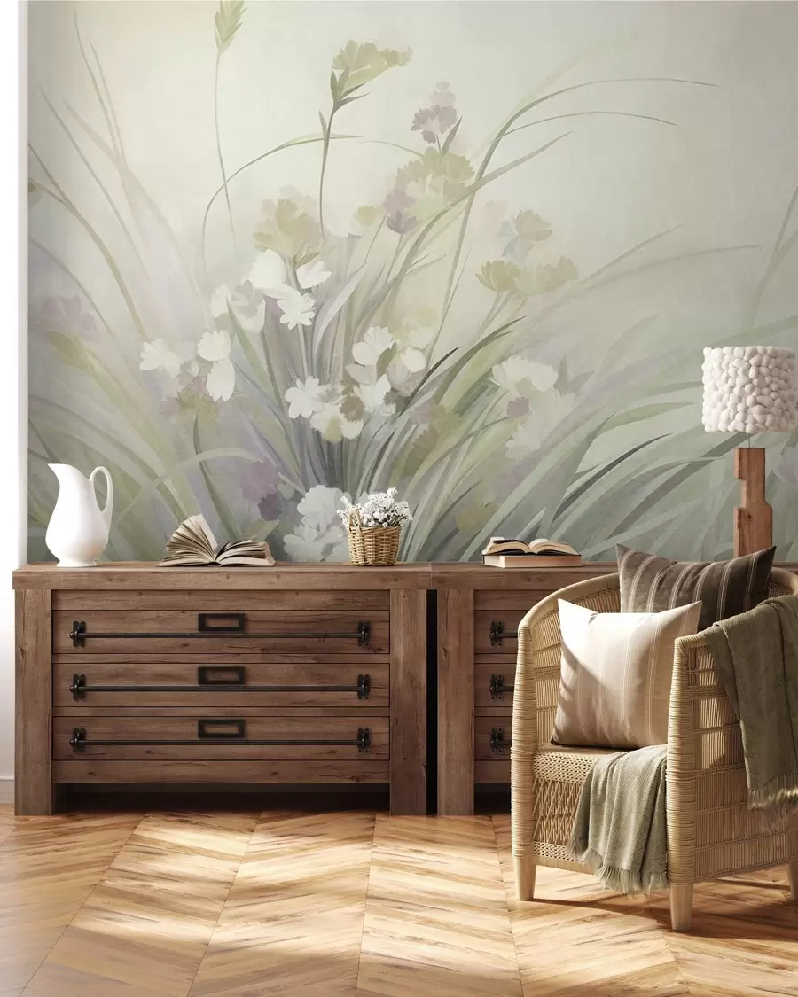 murais de parede Erva alta e flores silvestres em tons suaves de verde, obra de arte com textura w10062v1