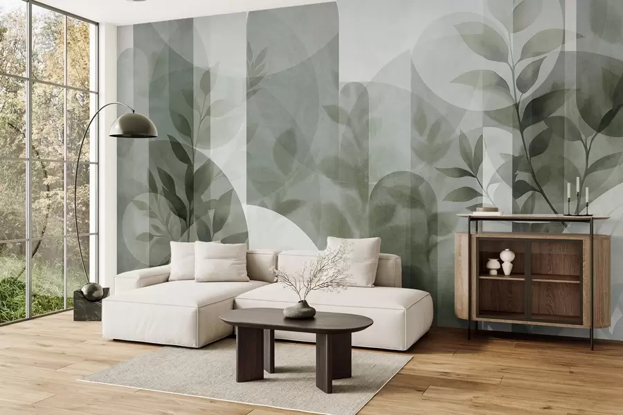 murais de parede Elementos geométricos abstratos e folhas delicadas em tons suaves de verde w10088v1