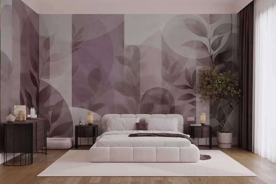 murais de parede Elementos geométricos abstratos e folhas delicadas em tons suaves de rosa w10088v2