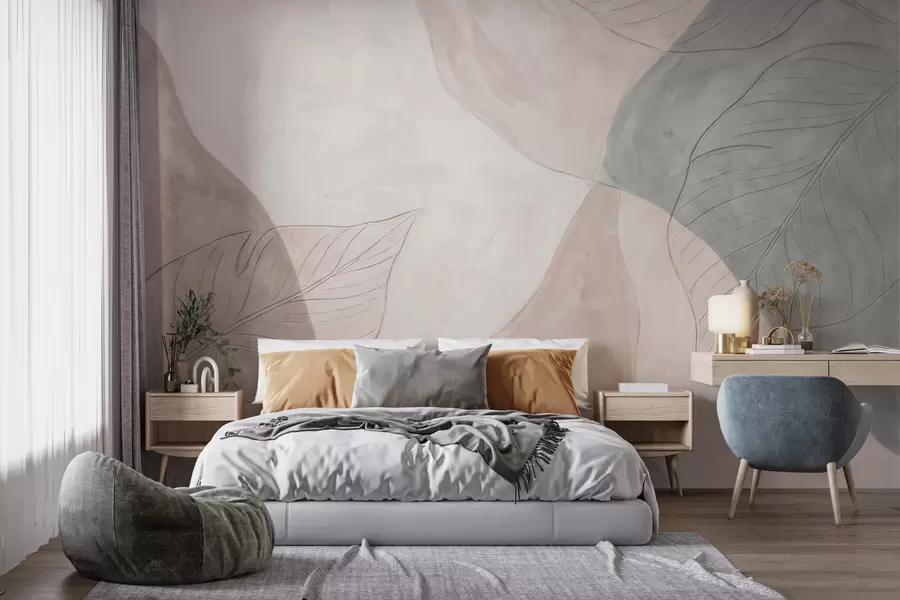 murais de parede Composição botânica abstrata com folhas grandes e formas orgânicas em tons de bege, creme e verde w10070