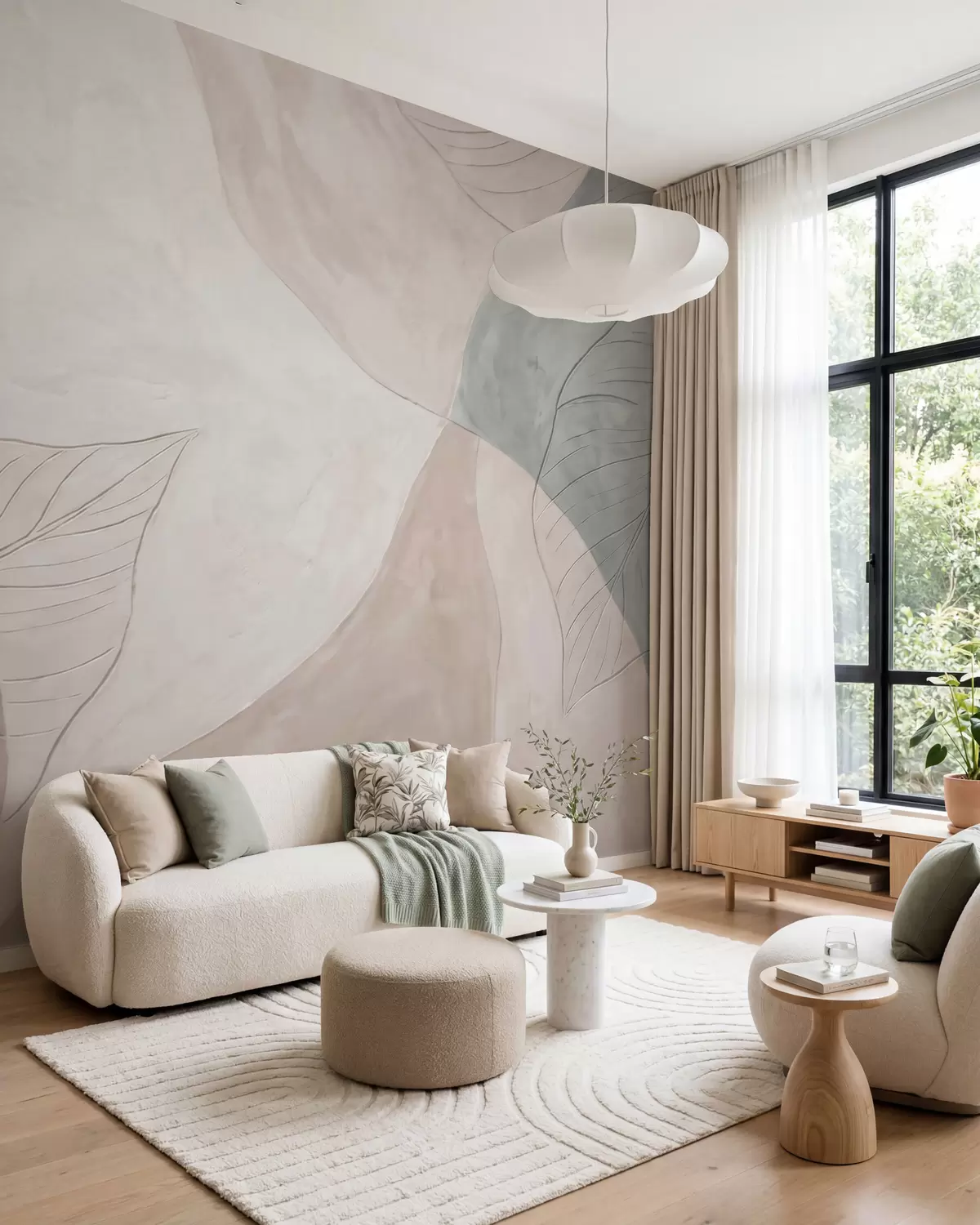murais de parede Composição botânica abstrata com folhas grandes e formas orgânicas em tons de bege, creme e verde w10070
