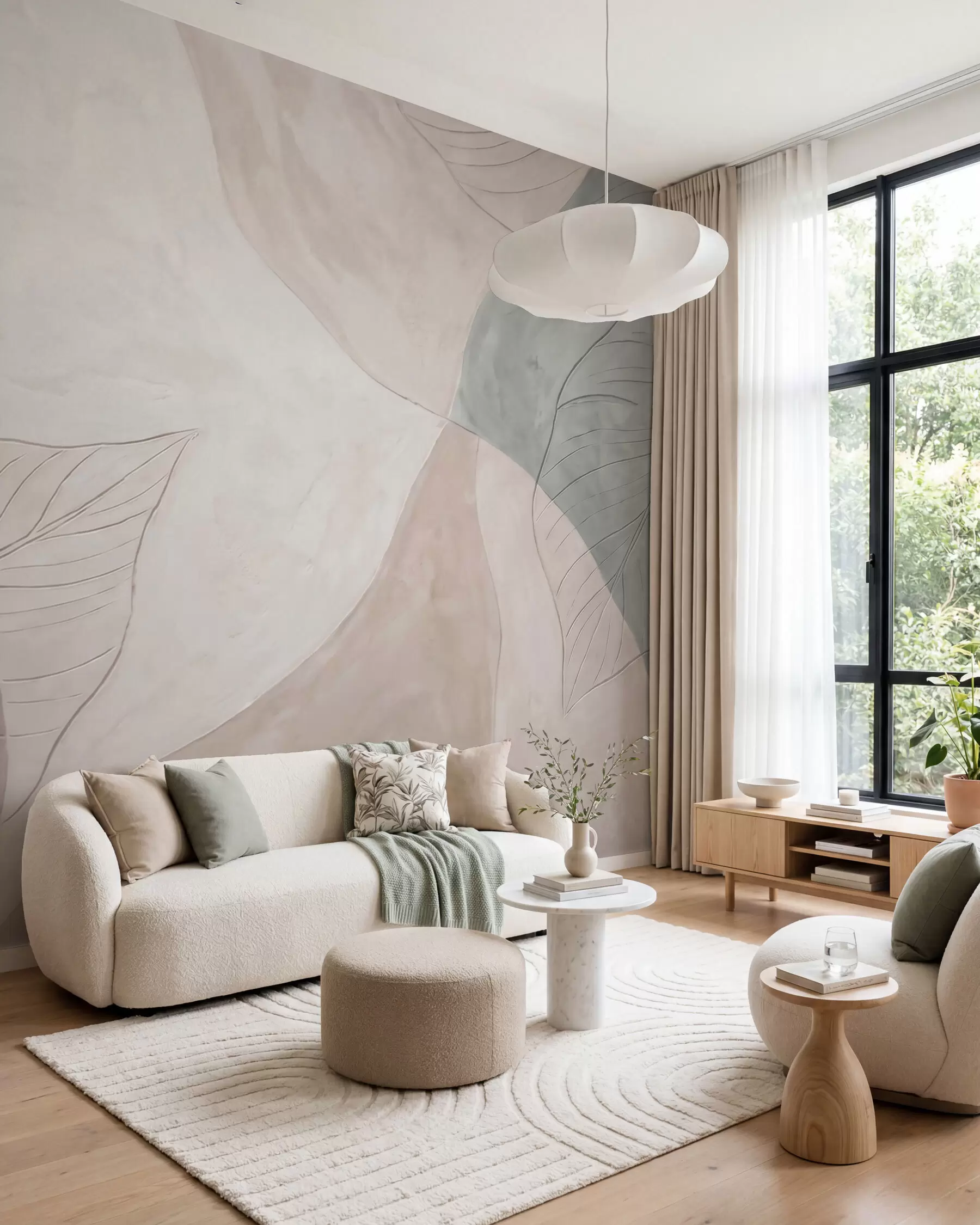 murais de parede Composição botânica abstrata com folhas grandes e formas orgânicas em tons de bege, creme e verde w10070