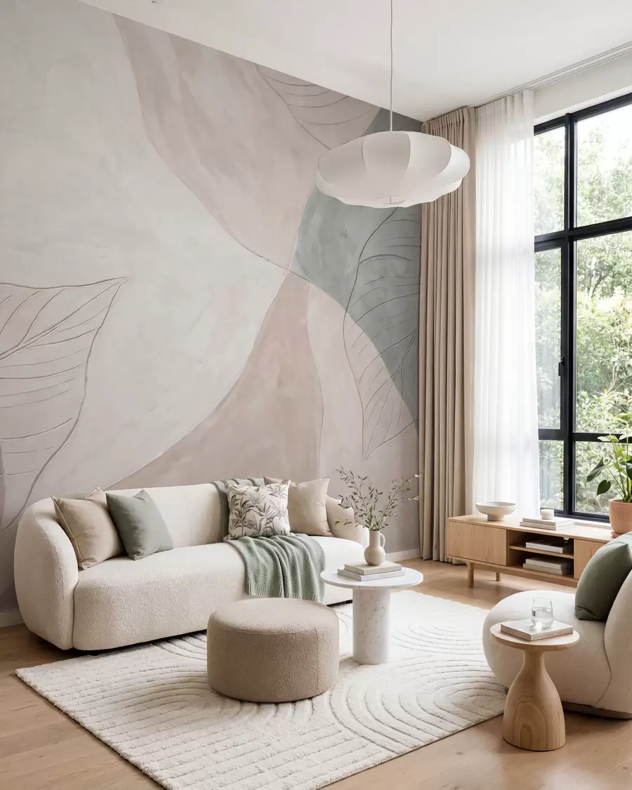murais de parede Composição botânica abstrata com folhas grandes e formas orgânicas em tons de bege, creme e verde w10070