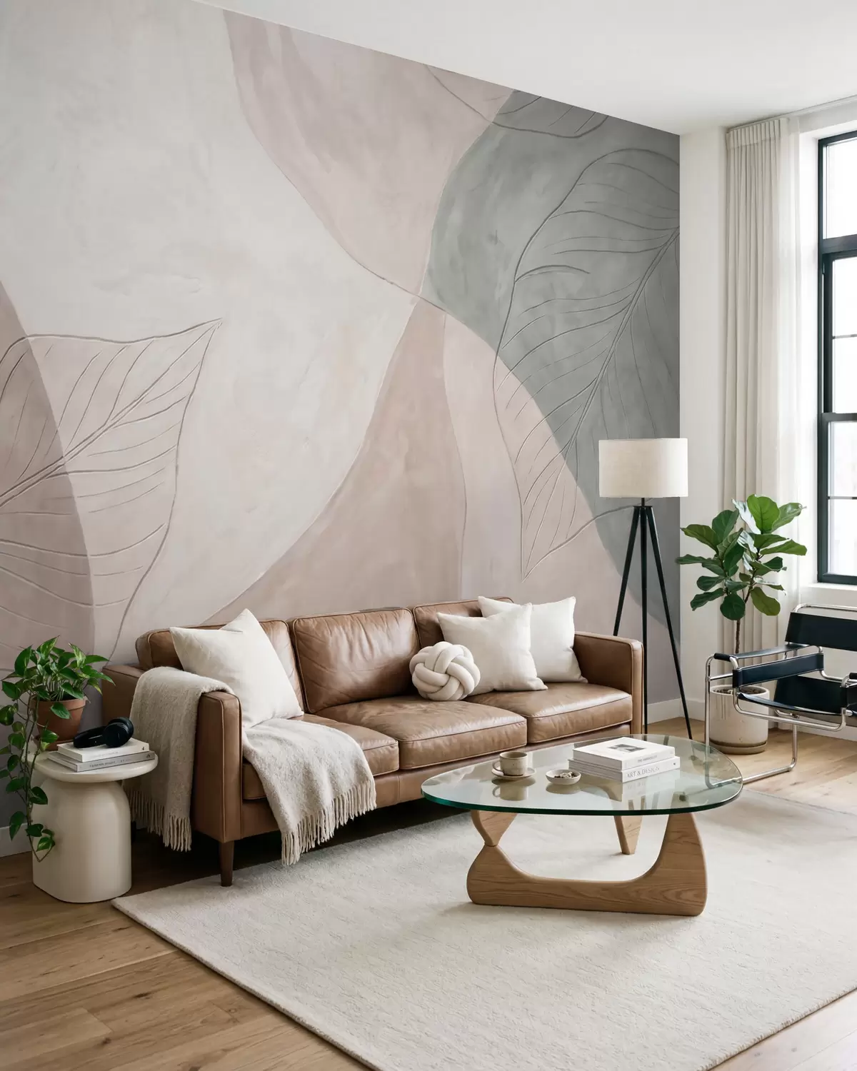murais de parede Composição botânica abstrata com folhas grandes e formas orgânicas em tons de bege, creme e verde w10070