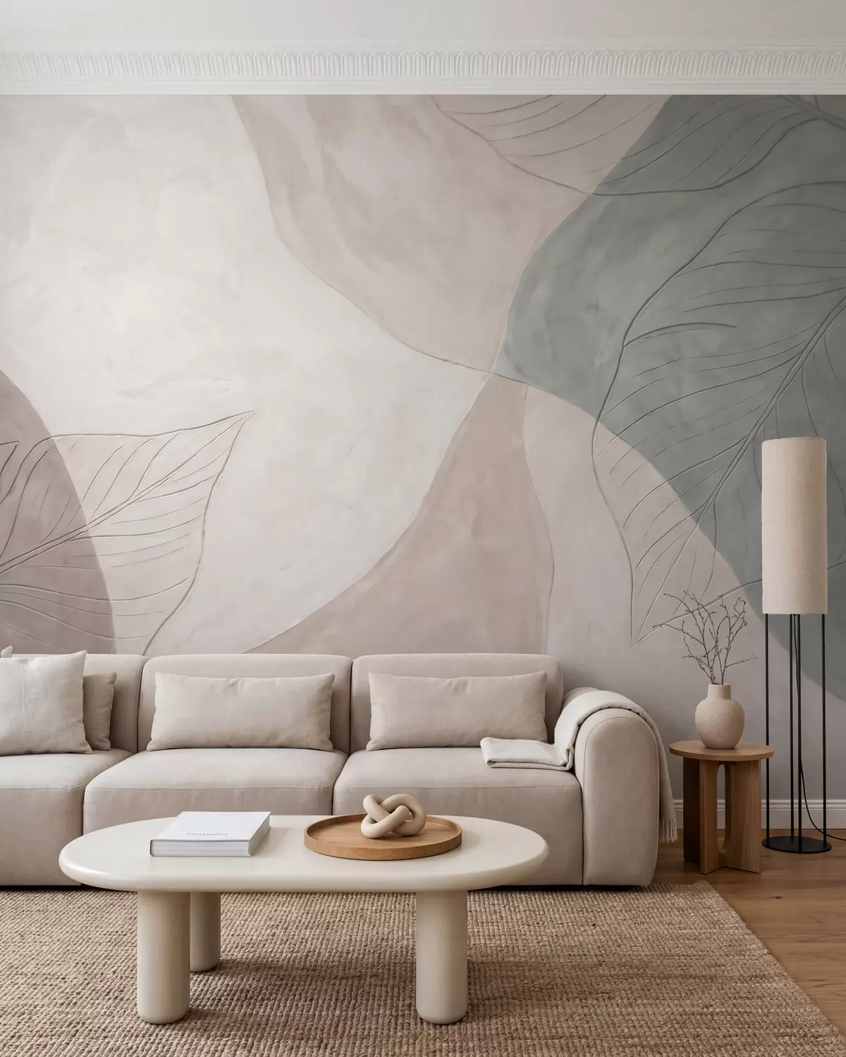 murais de parede Composição botânica abstrata com folhas grandes e formas orgânicas em tons de bege, creme e verde w10070