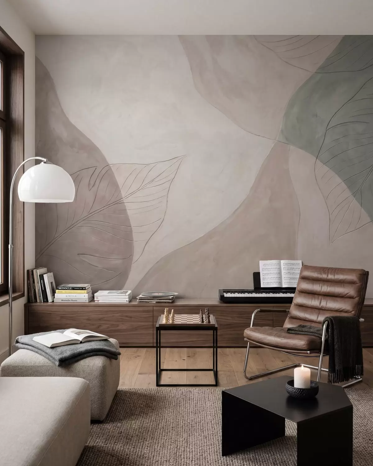 murais de parede Composição botânica abstrata com folhas grandes e formas orgânicas em tons de bege, creme e verde w10070