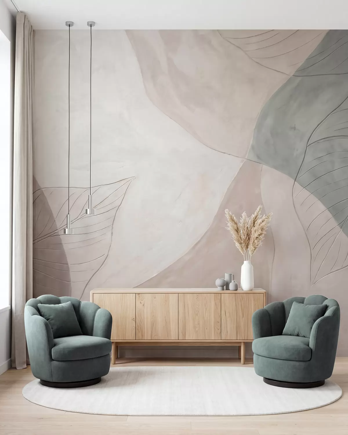 murais de parede Composição botânica abstrata com folhas grandes e formas orgânicas em tons de bege, creme e verde w10070