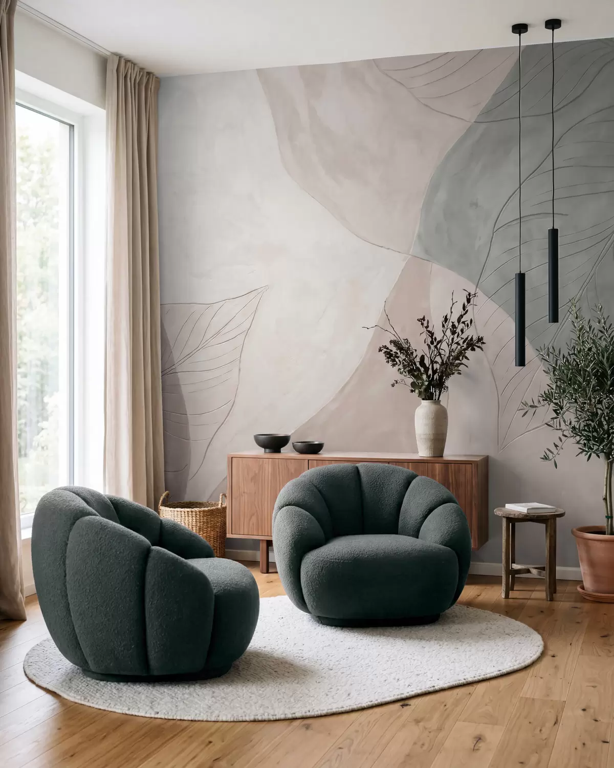 murais de parede Composição botânica abstrata com folhas grandes e formas orgânicas em tons de bege, creme e verde w10070