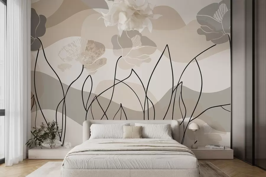 murais de parede Abstração em bege com flores em contorno w09989