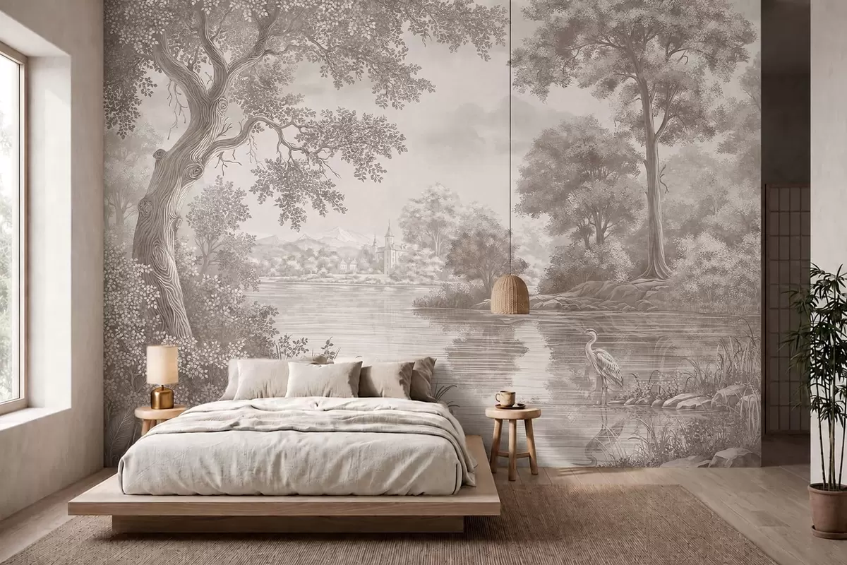 murais de parede Paisagem florestal monocromática com um lago e uma garça w05805