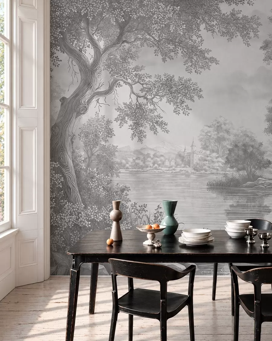 murais de parede Paisagem florestal cinzenta com uma garça junto ao lago w05805v1