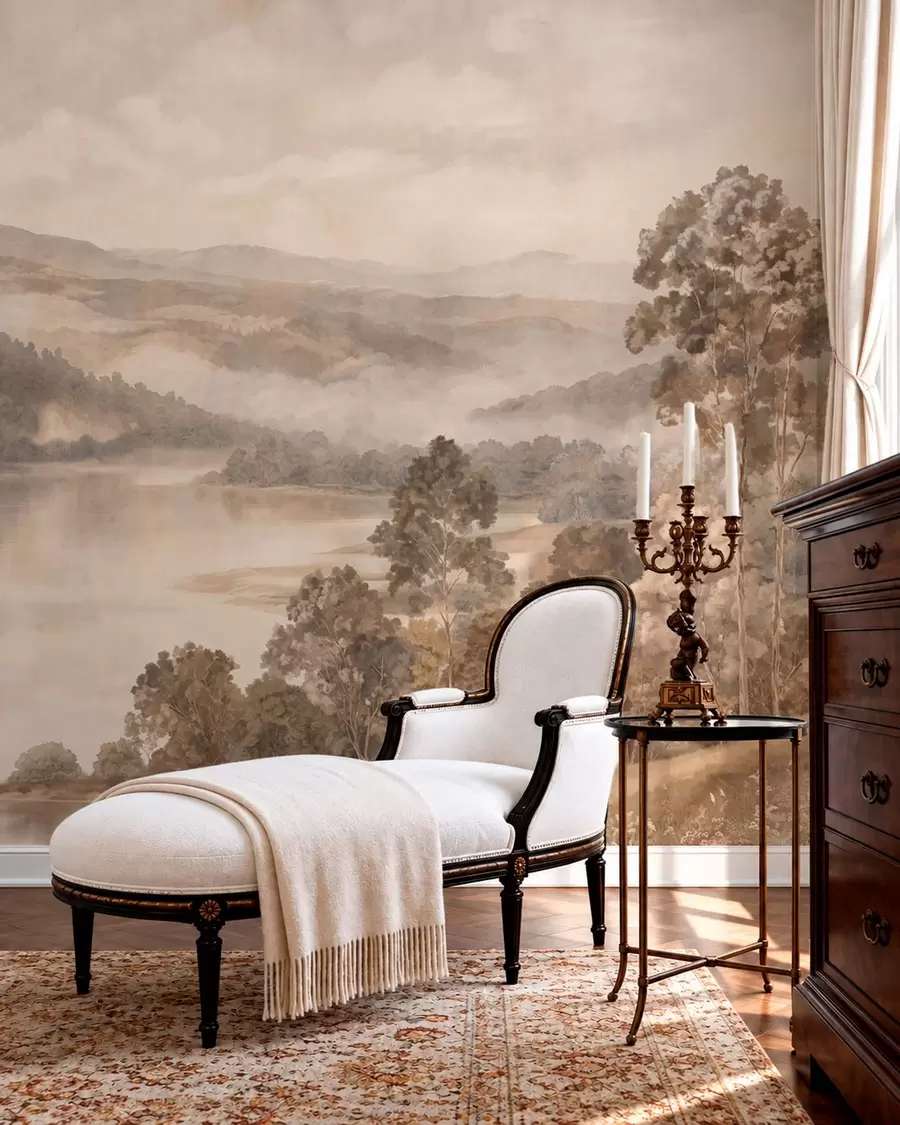 murais de parede Lago entre montanhas arborizadas em tons pastel quentes w05928v1