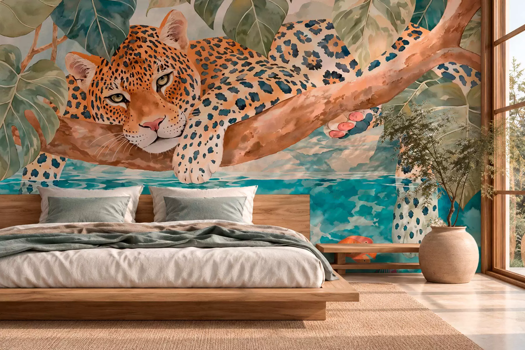 murais de parede Leopardo num ramo acima da água, com peixes coloridos w05954