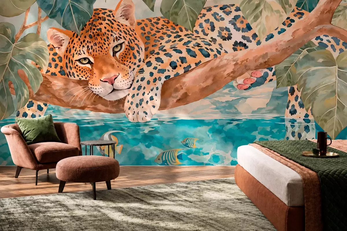 murais de parede Leopardo num ramo acima da água, com peixes coloridos w05954