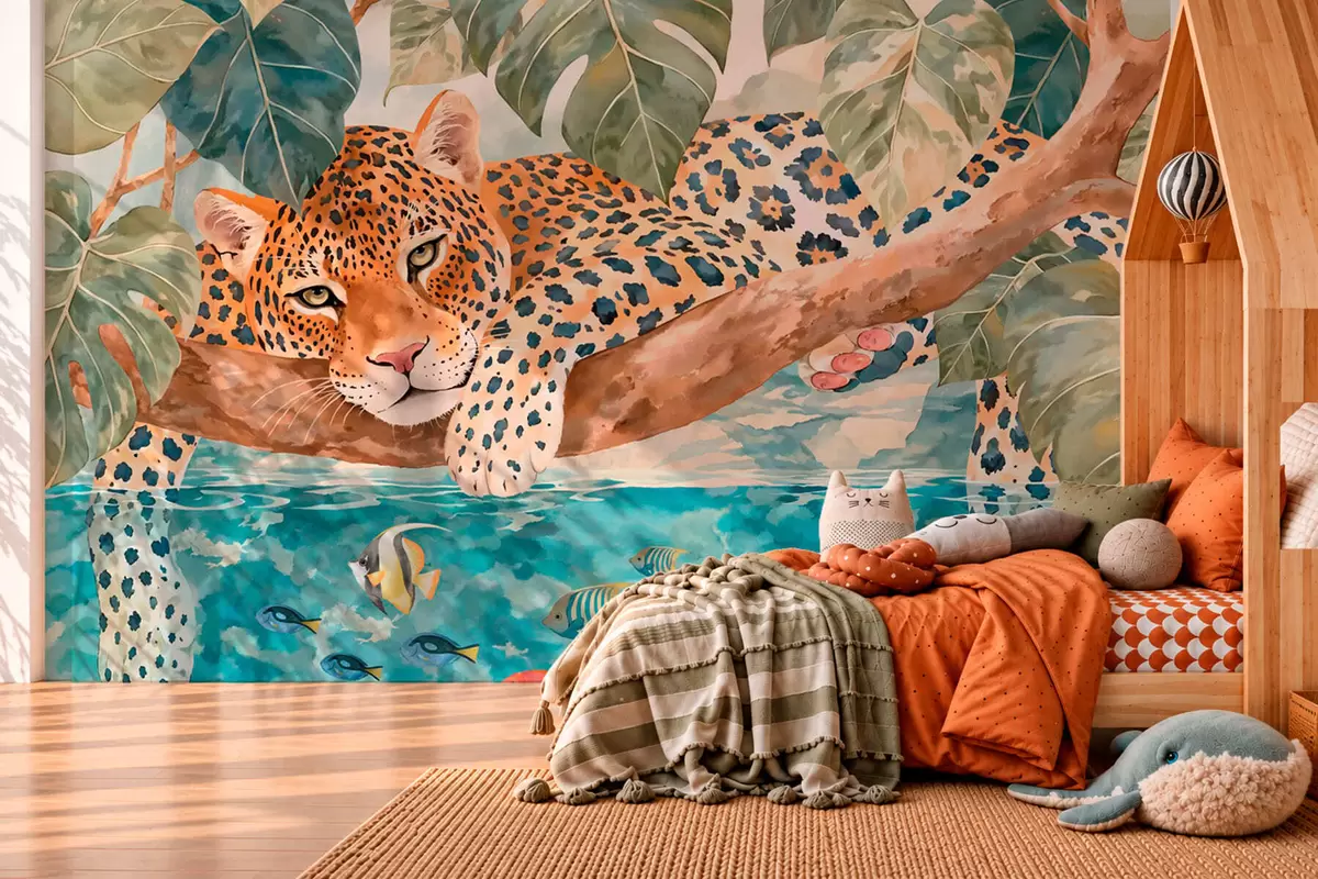 murais de parede Leopardo num ramo acima da água, com peixes coloridos w05954