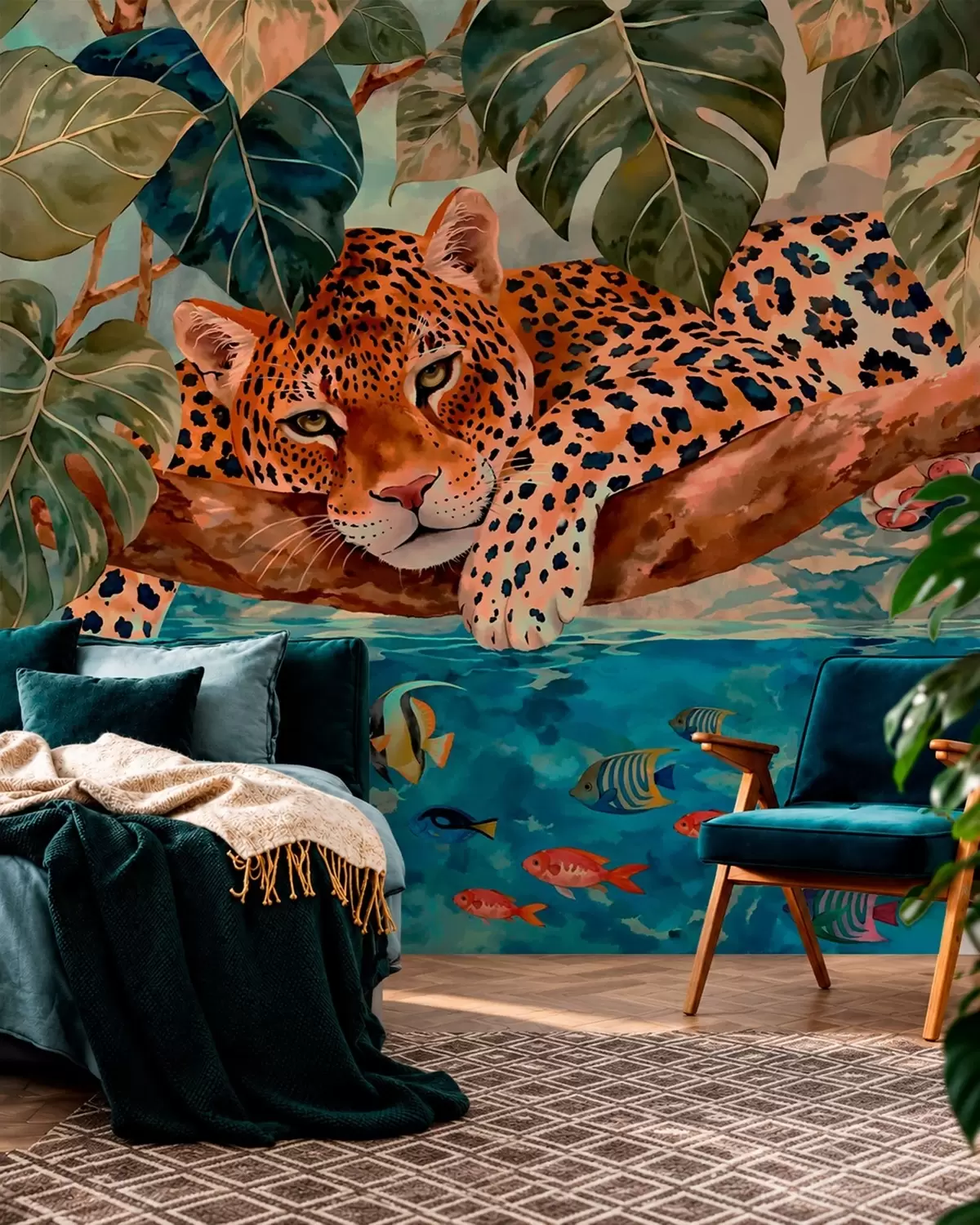 murais de parede Leopardo entre folhas tropicais acima da água, com peixes w05954v1