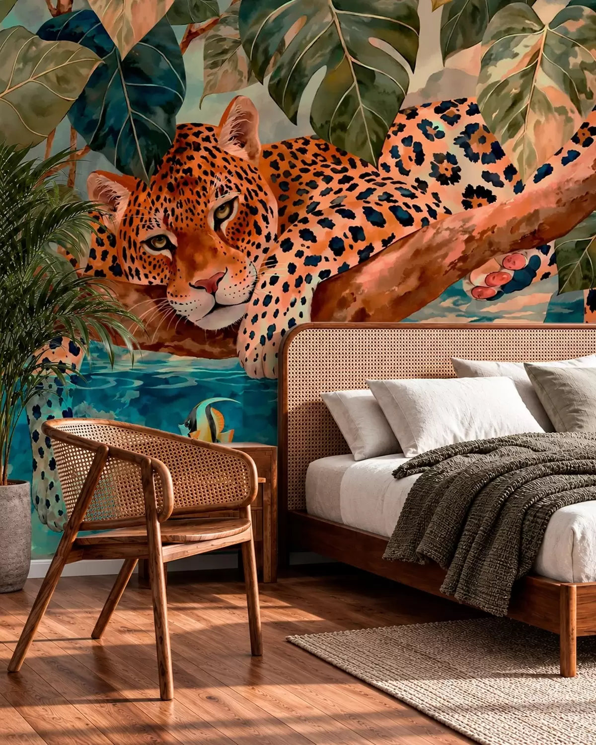 murais de parede Leopardo entre folhas tropicais acima da água, com peixes w05954v1