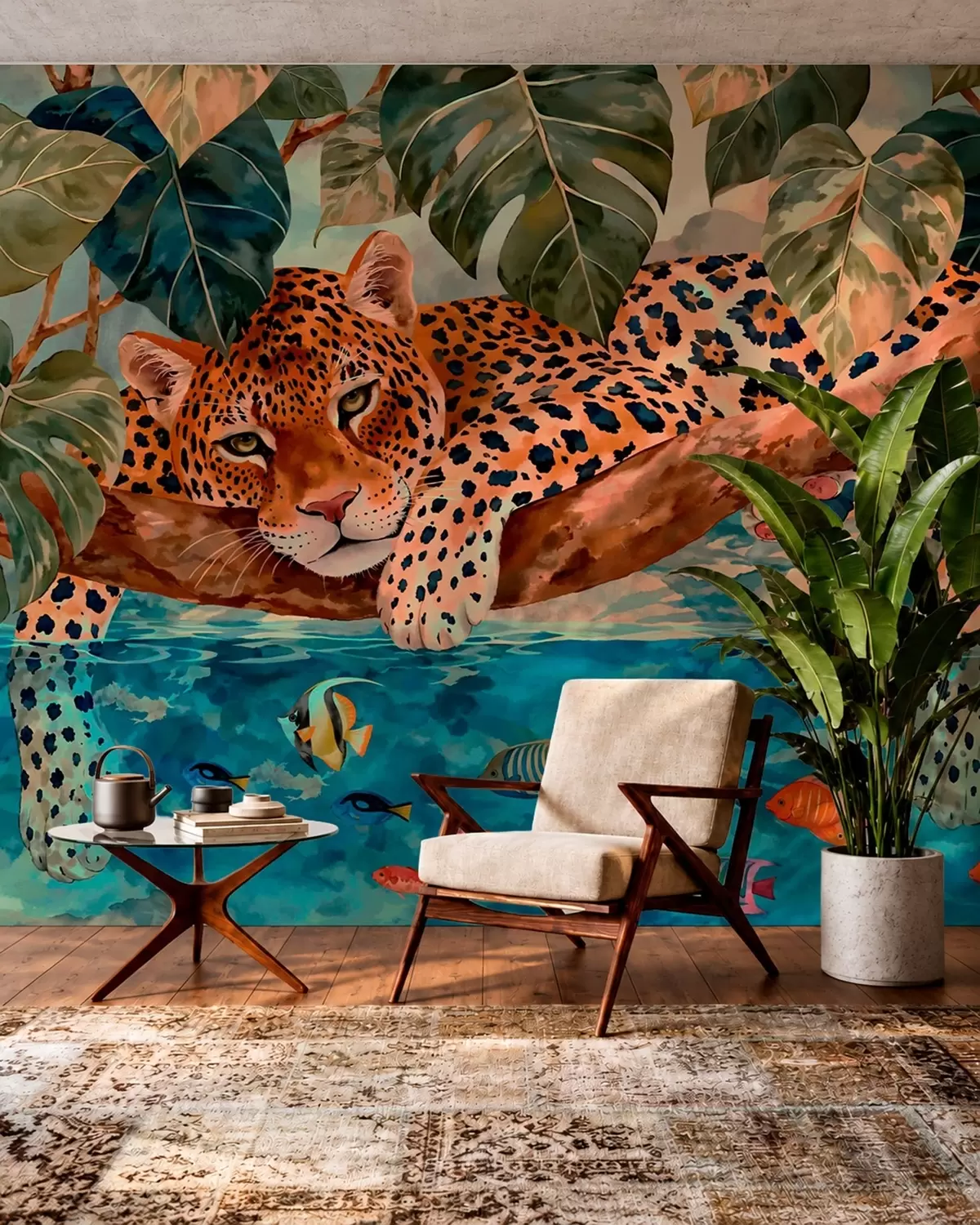 murais de parede Leopardo entre folhas tropicais acima da água, com peixes w05954v1